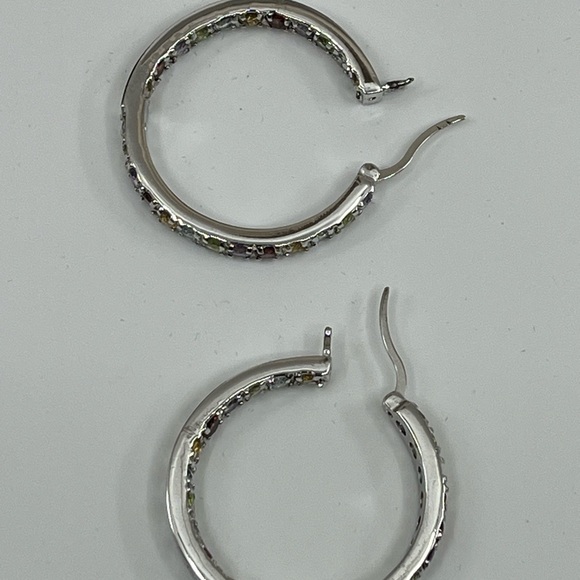 Vintage 925 Sterling Silver Multicolor Gemstone Hoop Earrings - Picture 15 of 16